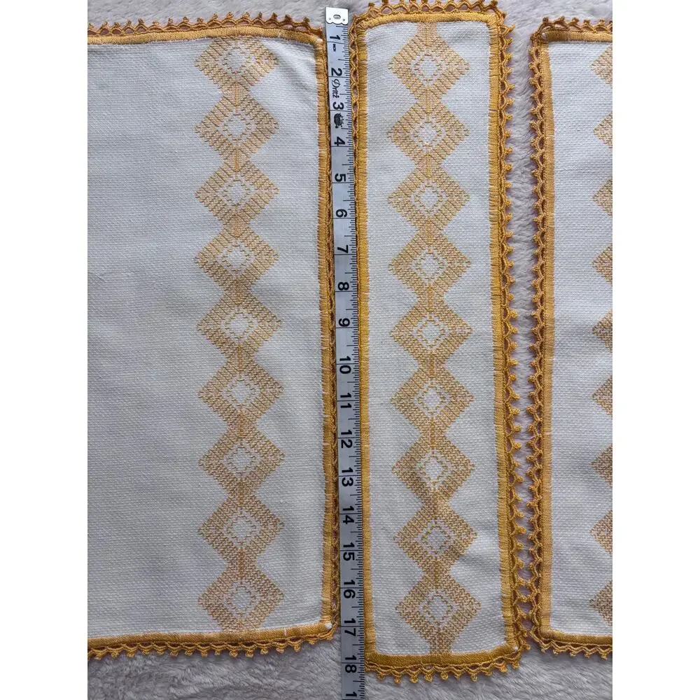 Set of Hand-Embroidered Vintage 1970s Table Linens Goldenrod Yellow White Orange
